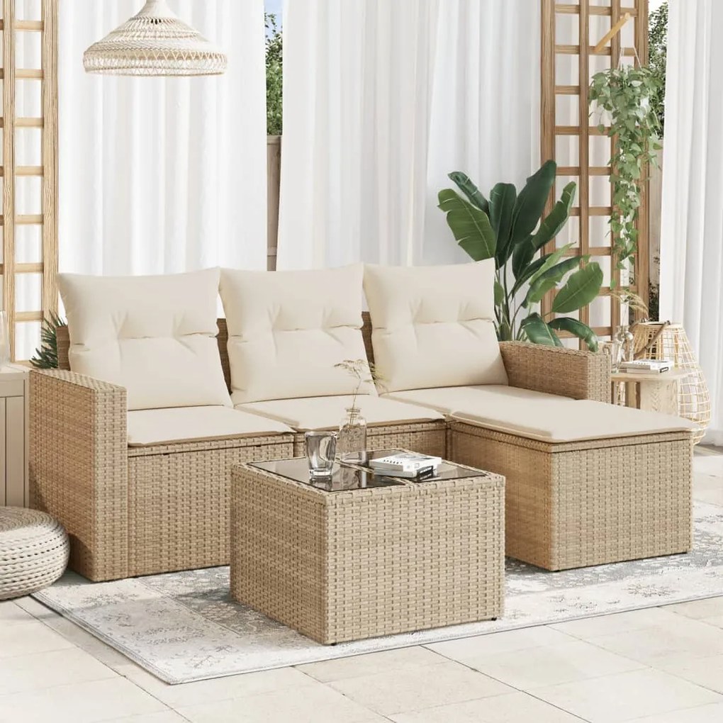 Set divano da giardino 5 pz con cuscini beige in polyrattan