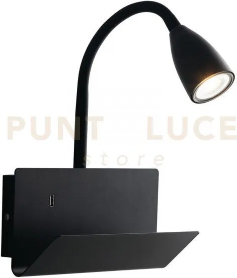 Applique a parete gulp flessibile nera con usb 2a 1 luce attacco gu...
