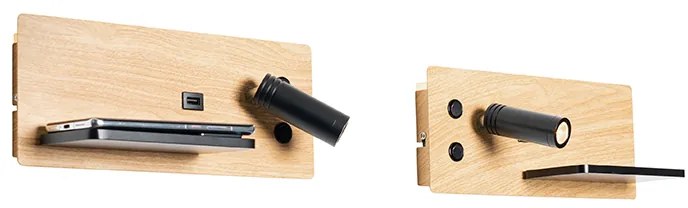 Set di 2 applique nere con legno incl. LED con USB e caricatore a induzione - Riza