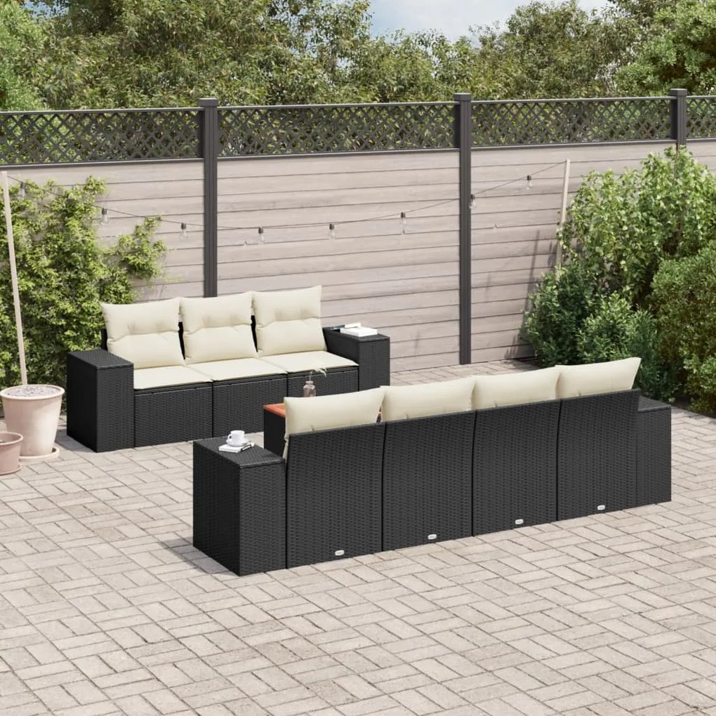 Set divani da giardino con cuscini 8 pz nero in polyrattan