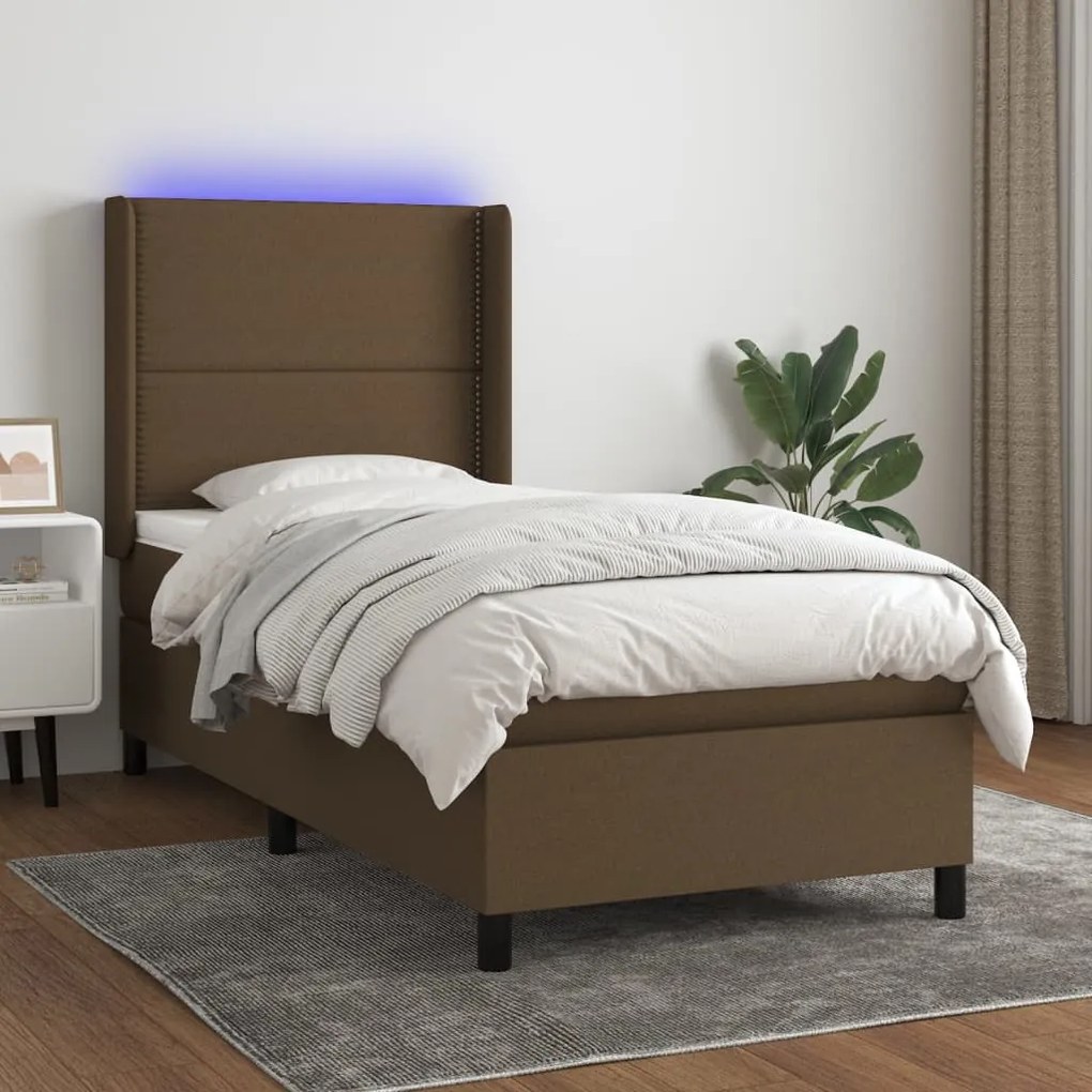 Letto a molle materasso e led marrone scuro 90x200cm in tessuto