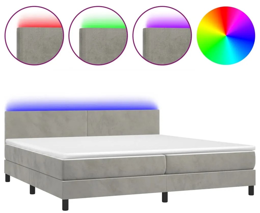 Letto a molle materasso e led grigio chiaro 200x200 cm velluto