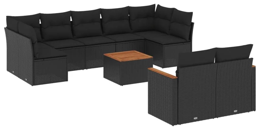 Set divani da giardino 10pz con cuscini in polyrattan nero