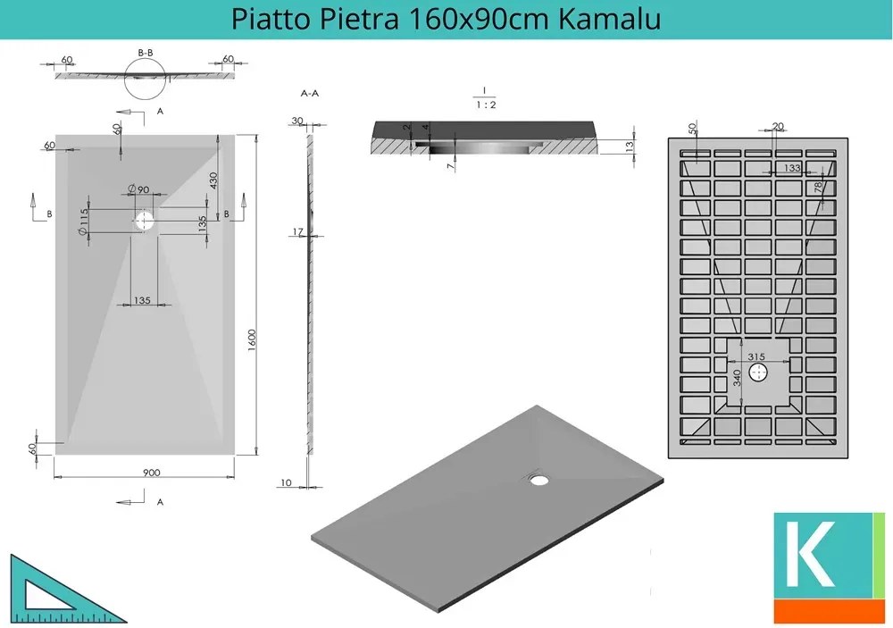 Piatto doccia 160x90 pietra artificiale colore antracite nero - KAMALU