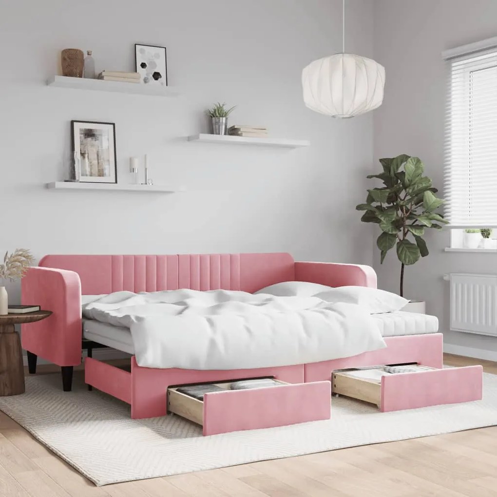 Divano Letto Estraibile Con Cassetti Rosa 90x200 Cm Velluto /