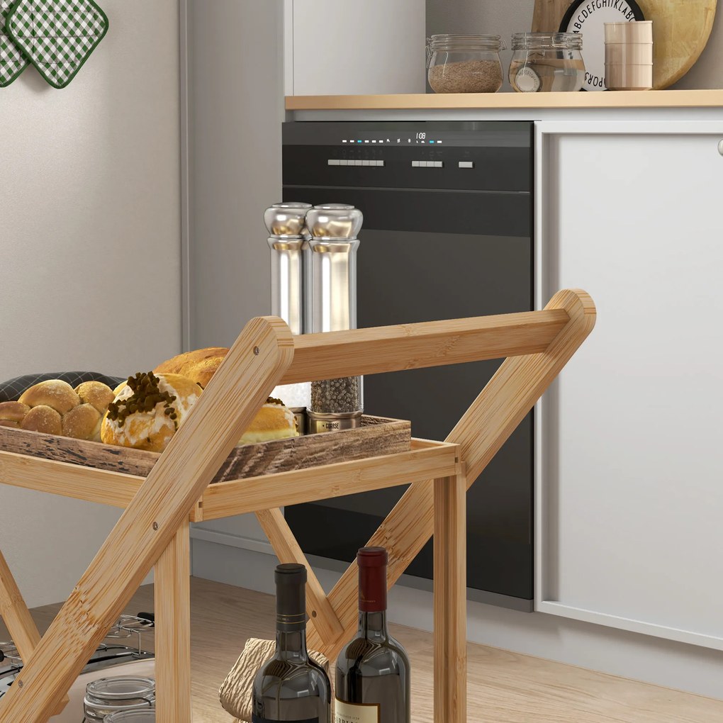 Carrello da Cucina Portavivande Pieghevole 66x40x70 cm a 2 Livelli con Portabottiglie in Legno di Bambù...