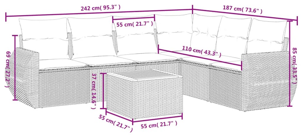 Set Divani da Giardino 7 pz con Cuscini Beige in Polyrattan