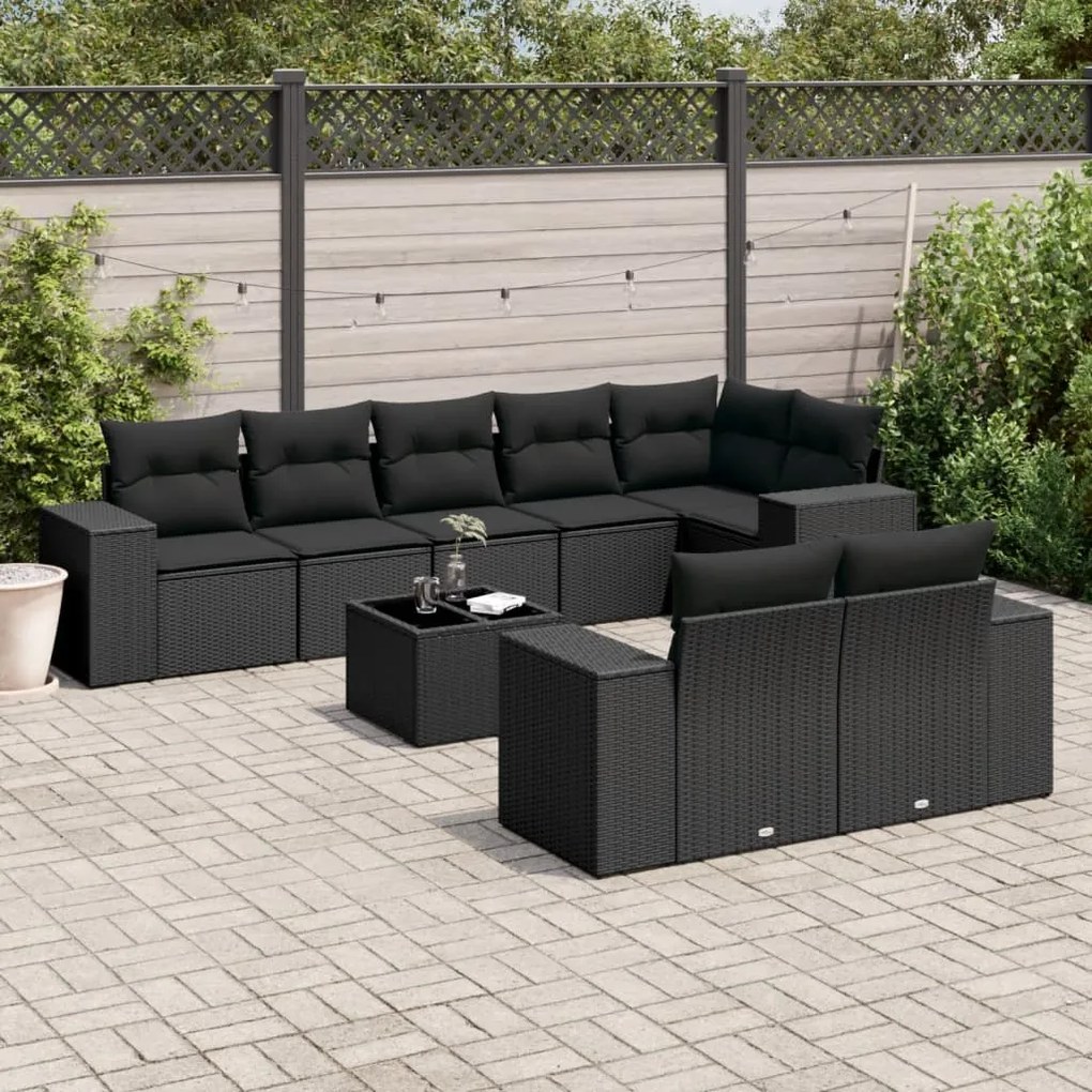 Set divani da giardino 9 pz con cuscini nero in polyrattan