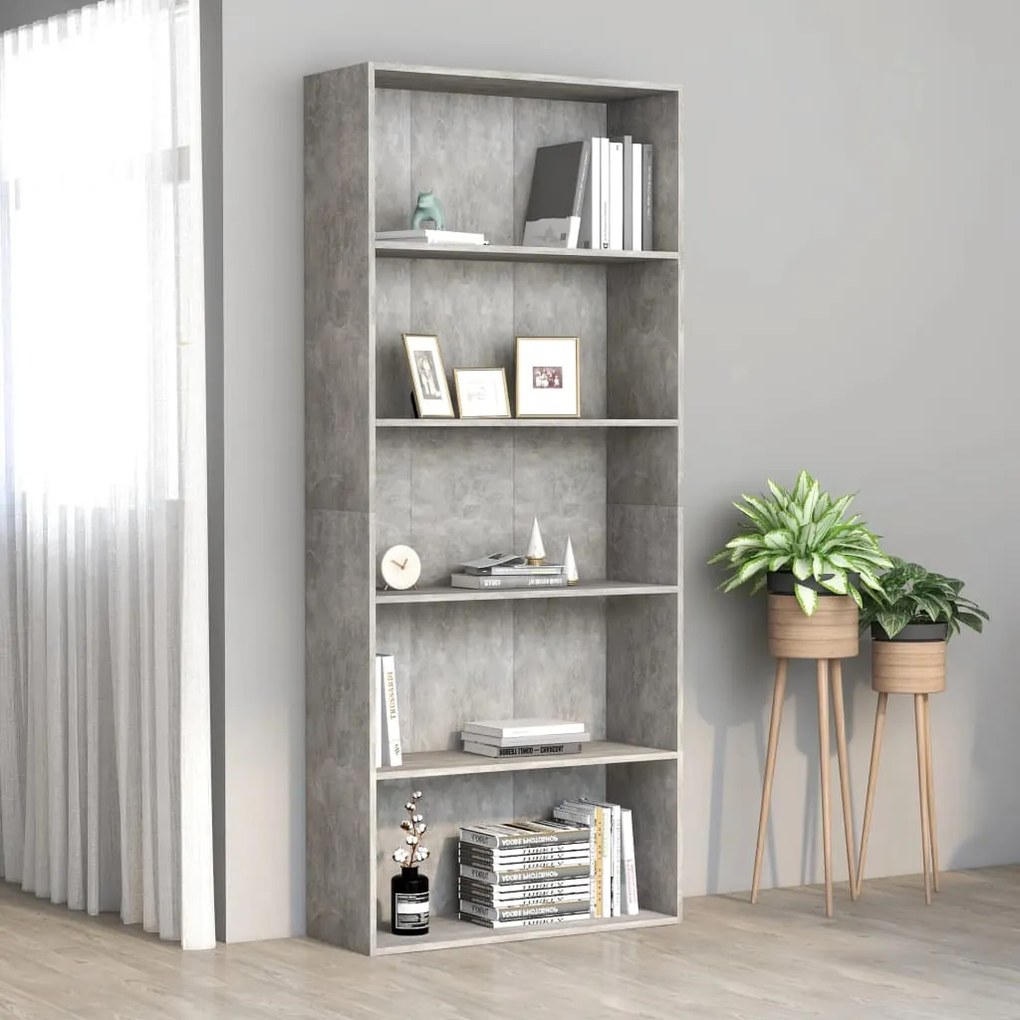 Libreria a 5 ripiani grigio cemento 80x30x189 cm in truciolato