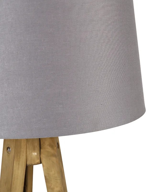 Lampada da terra rustica vintage in legno con paralume in lino grigio scuro 45 cm - Tripod Classic