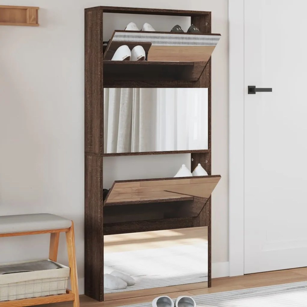 Scarpiera Con Specchio A 4 Livelli Rovere Marrone 63x17x134 Cm /