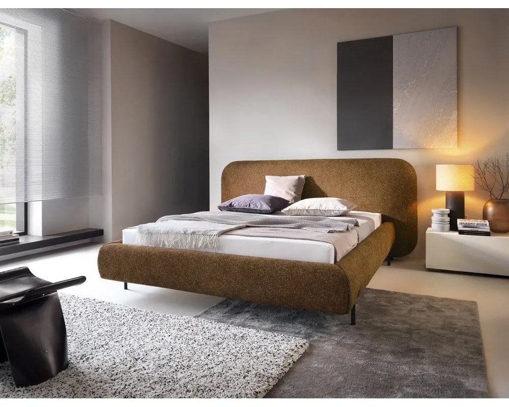 Letto matrimoniale imbottito giallo ocra con contenitore e rete inclusi 160x200 cm Pointt – ELTAP