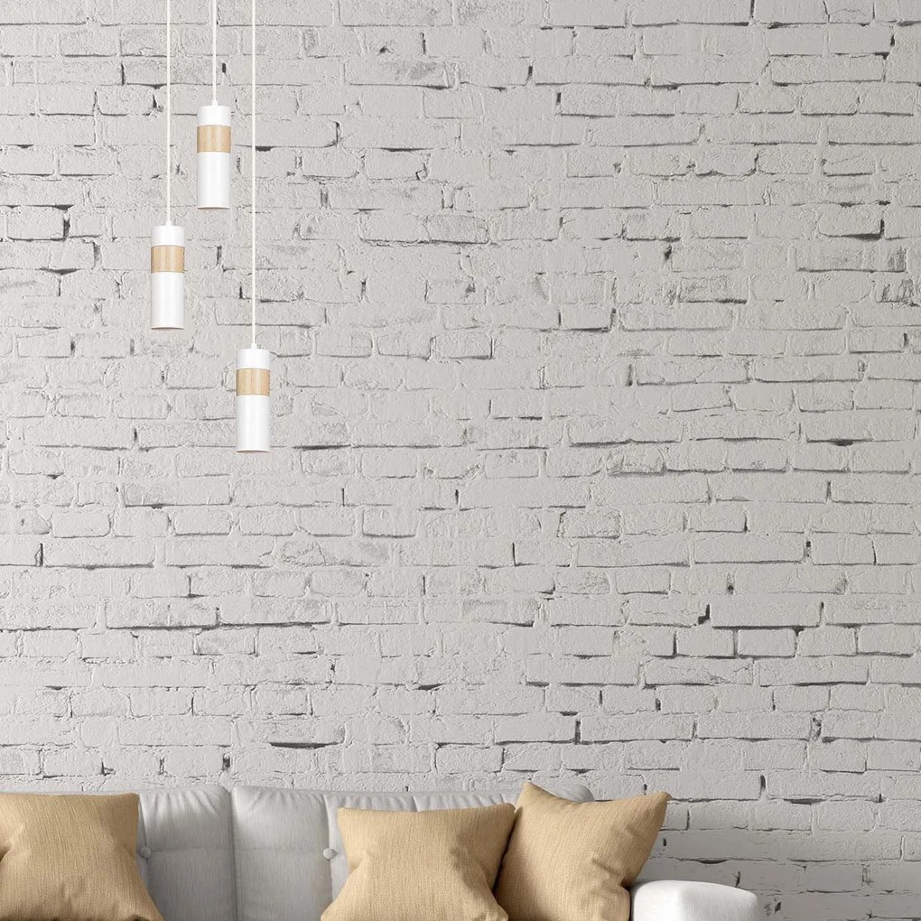 Sospeensione 1 Luce Change In Acciaio Bianco A Cilindro Con Legno Naturale
