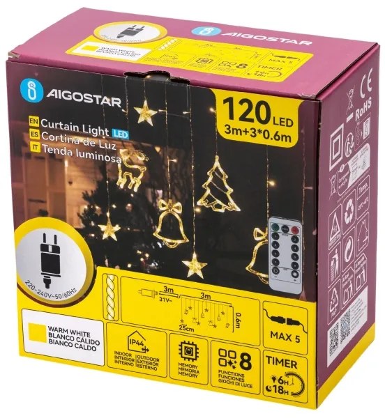 Aigostar - Catena luminosa LED natalizia da esterno 120xLED/6W/230V/8 funzioni 3x0,6m IP44 bianco caldo + telecomando