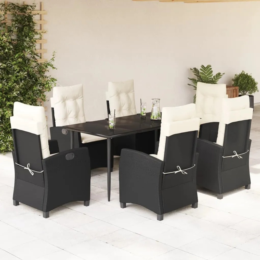 Set da pranzo da giardino 7 pz nero con cuscini in polyrattan