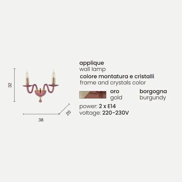 Applique PAGANINI a 2 Luci in vetro lavorato a mano 38 cm Borgogna