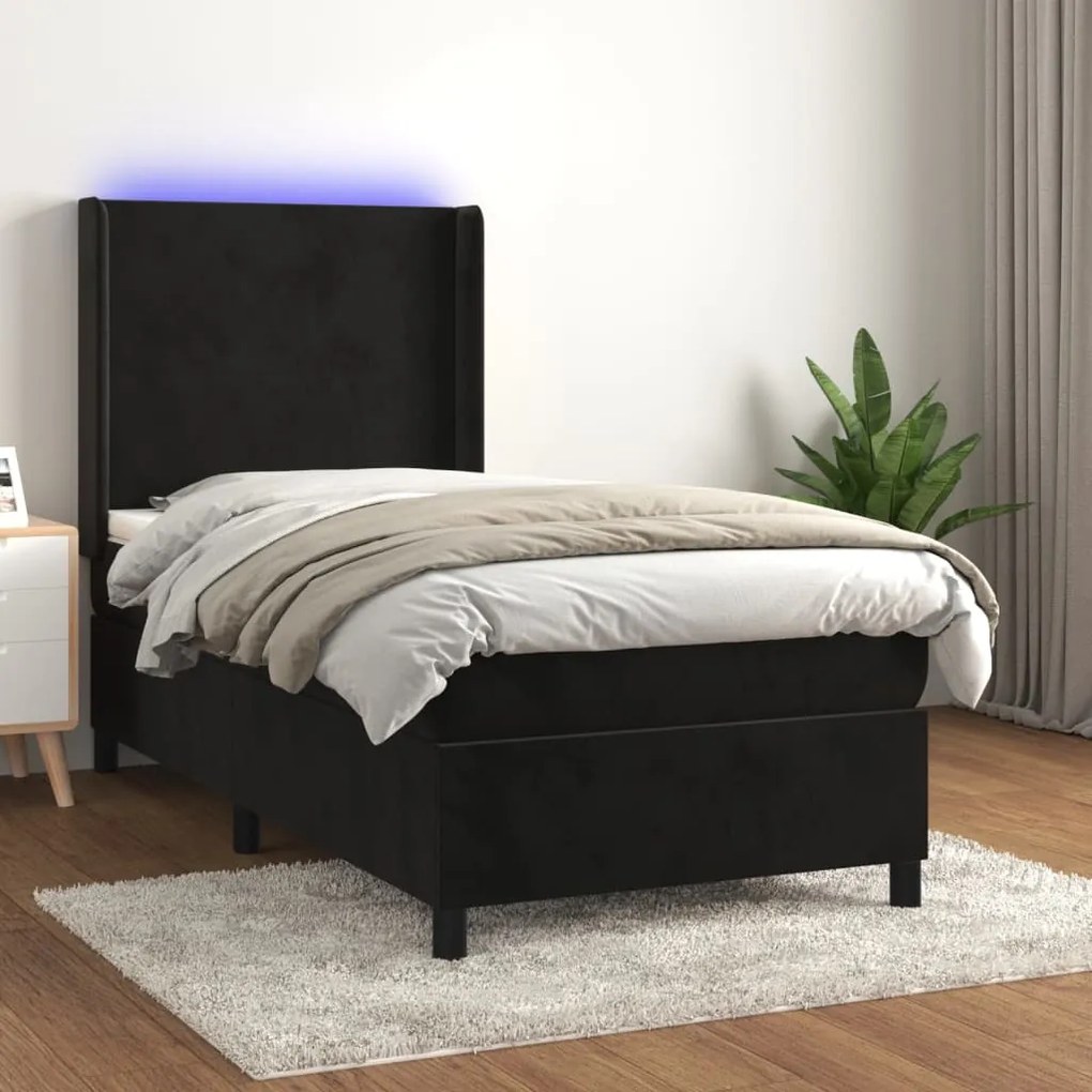 Letto a molle con materasso e led nero 90x200 cm in velluto