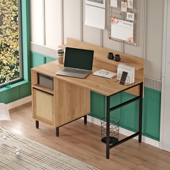 Scrivania Moderna 120 Cm Con Piedini In Ferro e Vano Contenitore Rafia Ocean