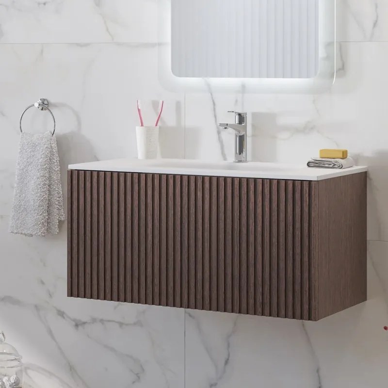 Mobile bagno sospeso 80cm effetto cannettato con lavabo incasso KDS-80L - KAMALU