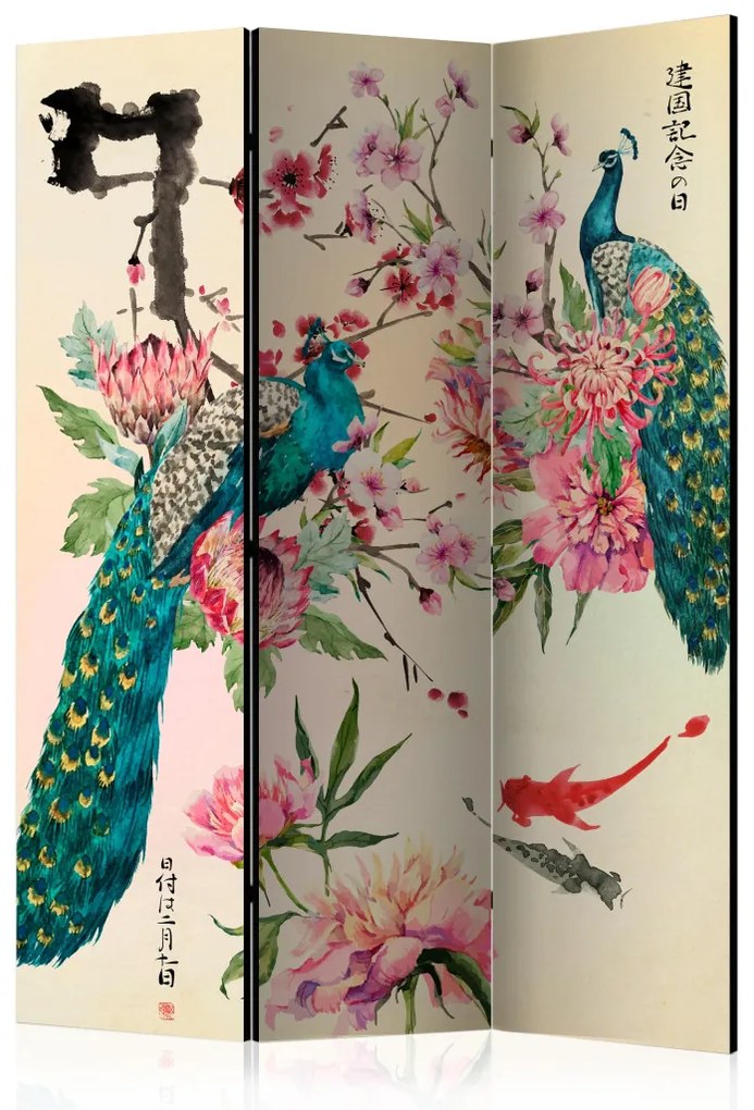 Paravento Amore dei Pavoni - pavoni colorati su sfondo beige in stile orientale