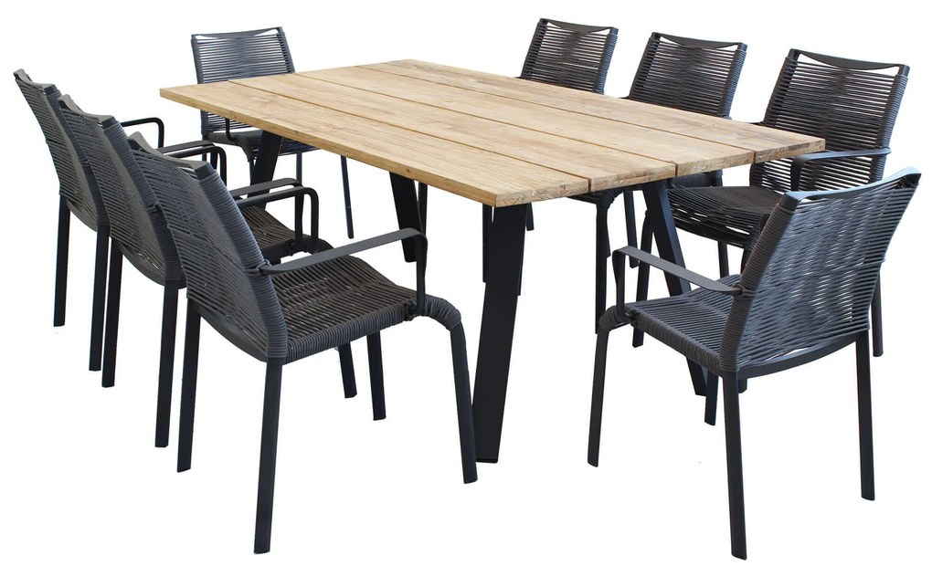 SALTUS - set tavolo in alluminio e teak cm 200x100x74 h con 8 sedute