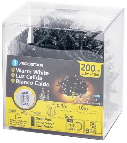 Aigostar -Catena LED natalizia da esterno 200xLED/8 funzioni 3xAA 10,3m IP44 bianco caldo
