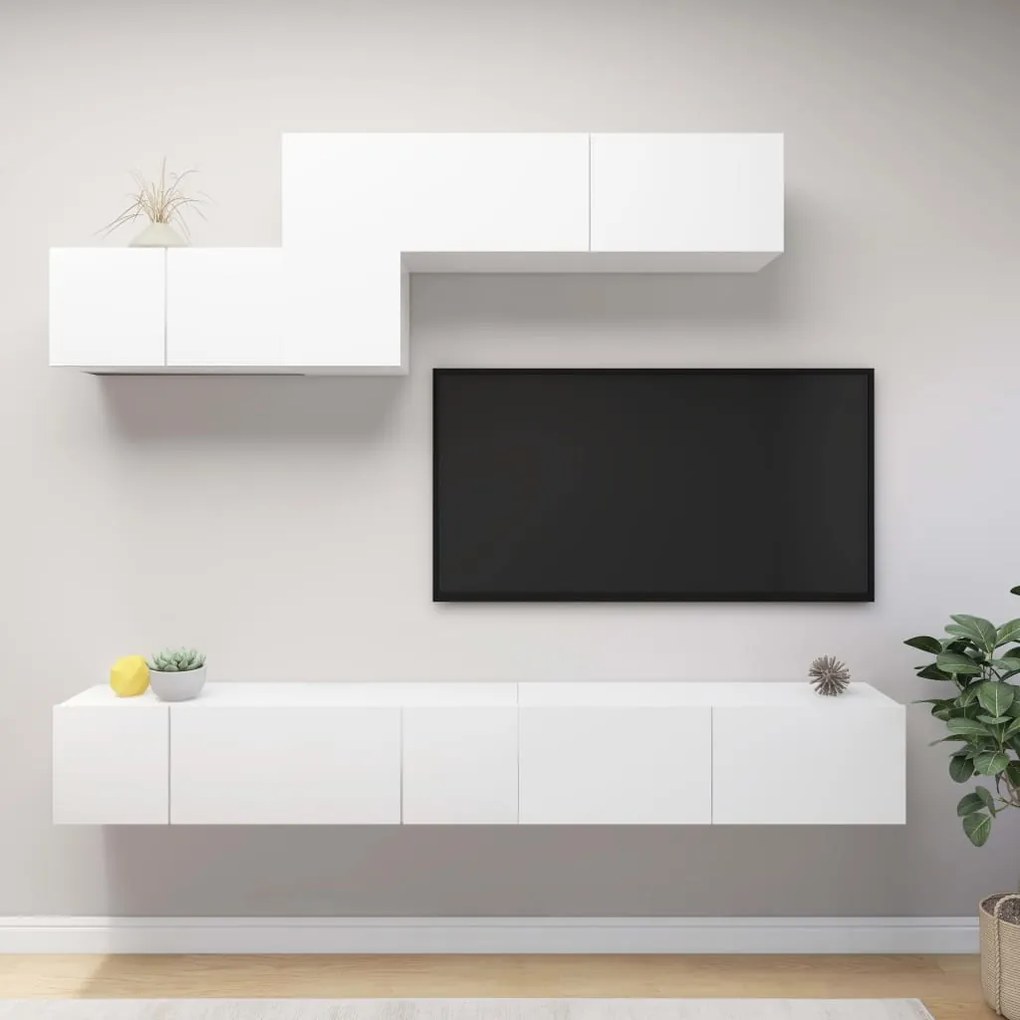 Set Di Mobili Porta Tv 6 Pz Bianco İn Legno Multistrato /