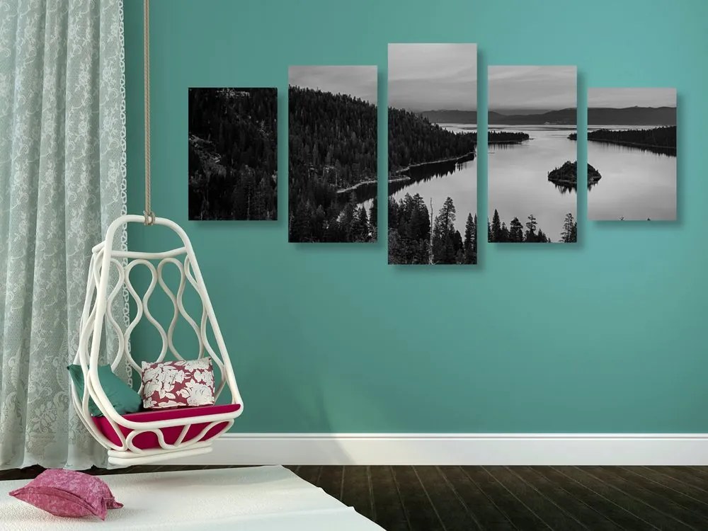 Quadri 5 pezzi – Lago al tramonto in bianco e nero