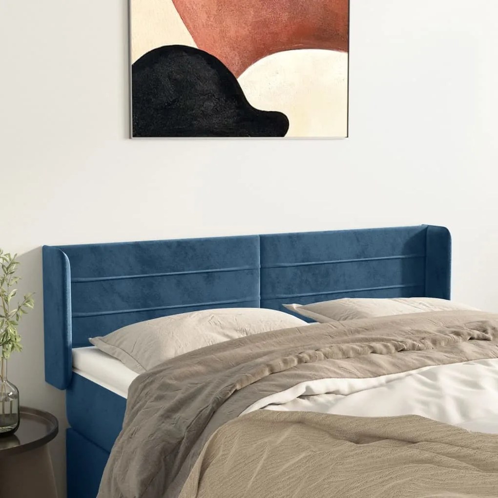Testiera Ad Orecchio Blu Scuro 147x16x78/88 Cm İn Velluto /