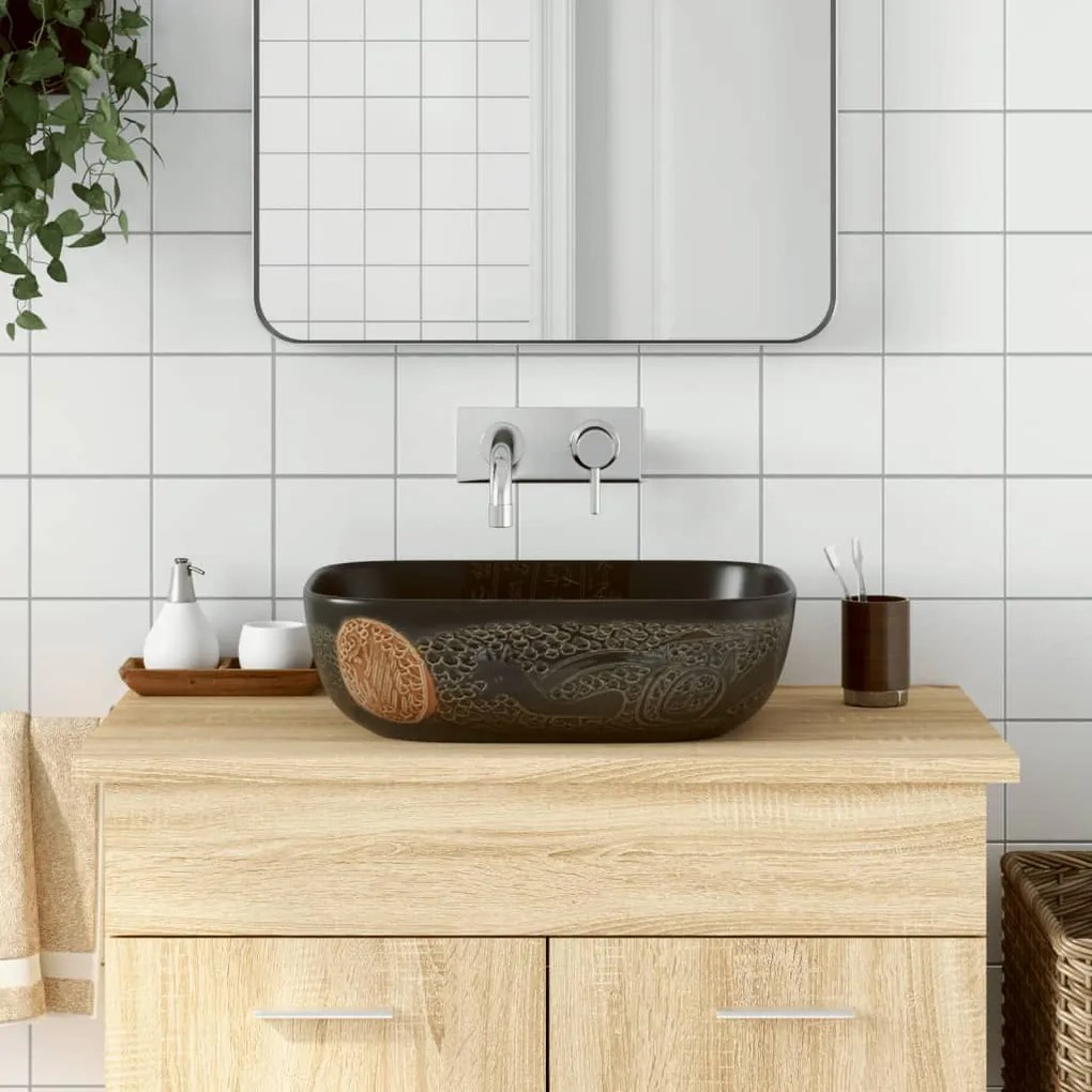 Lavabo Da Appoggio Nero Rettangolare 48x37,5x13,5 Cm Ceramica /