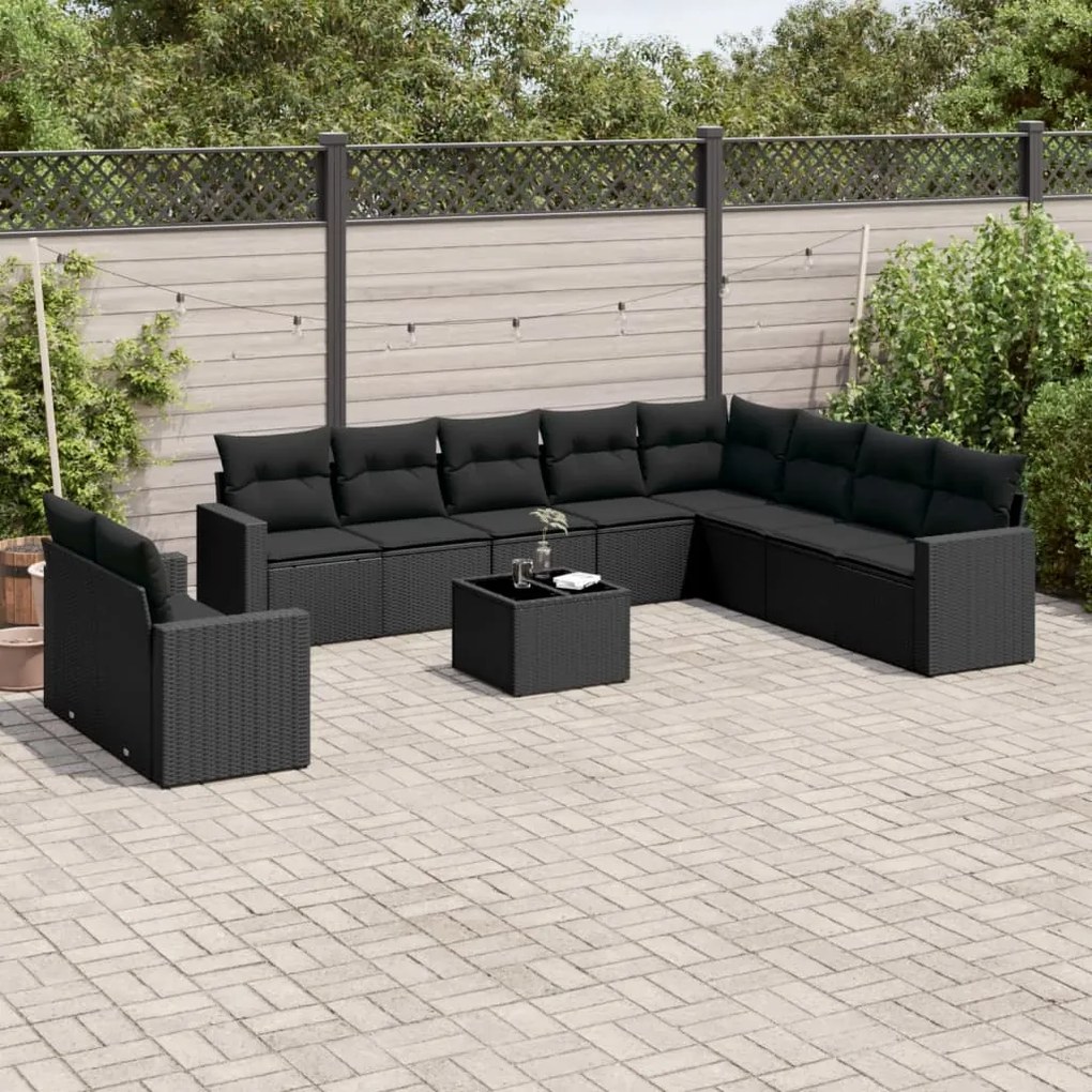 Set divani da giardino 11 pz con cuscini in polyrattan nero