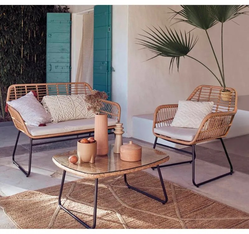 Salotto da giardino Bambù in rattan beige con cuscini in poliestere beige per 4 persone