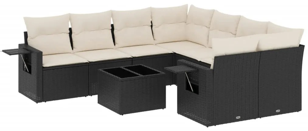 Set divani da giardino 9 pz con cuscini nero in polyrattan