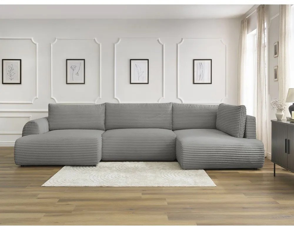 Divano angolare grigio scuro allungabile/con contenitore (con penisola a destra/a U) con rivestimento in velluto a coste Lucien – Bobochic Paris