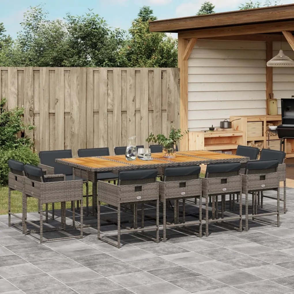 Set da pranzo da giardino 13pz con cuscini grigio in polyrattan