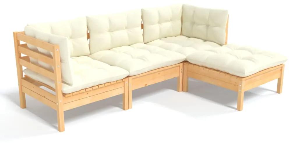 Set divani da giardino 4 pz con cuscini crema massello di pino
