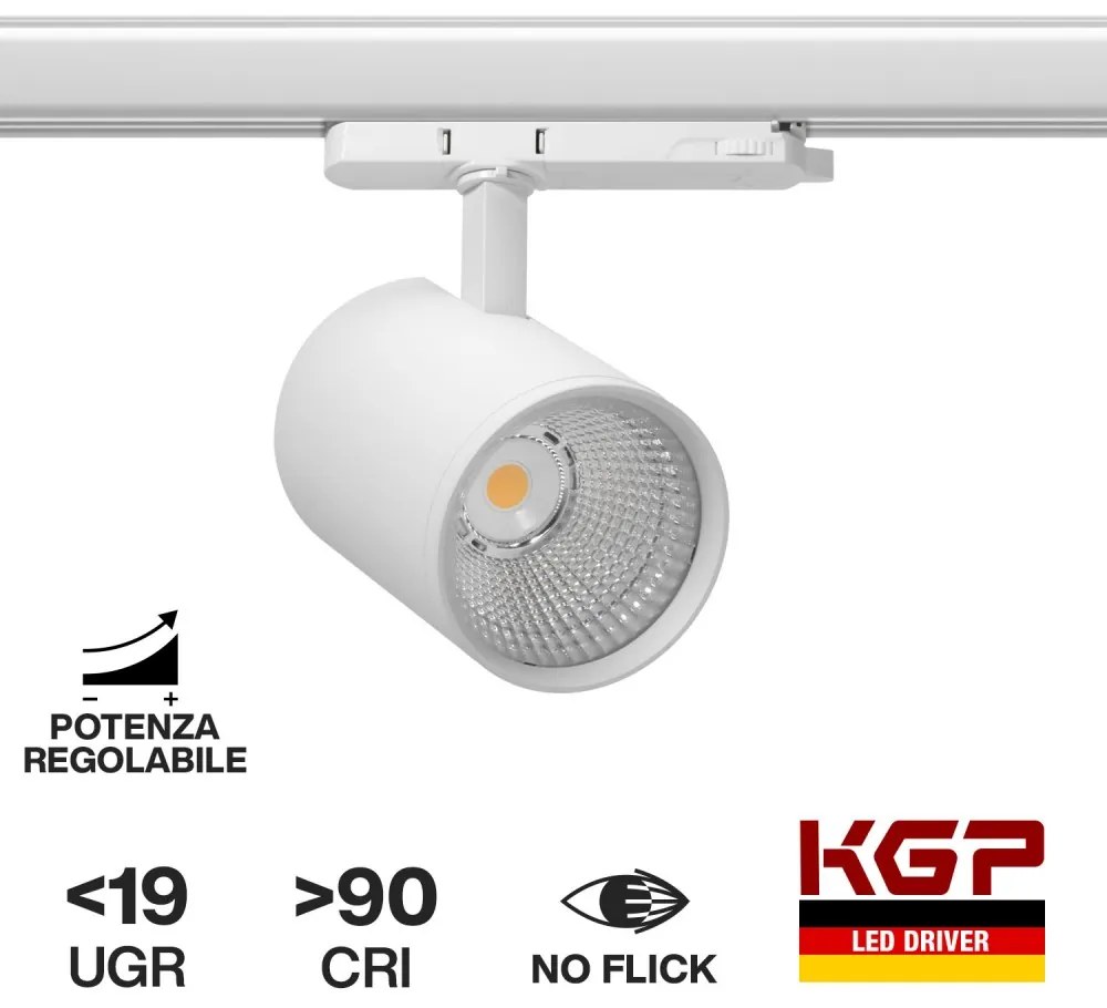 Faro LED 12W-40W Binario Trifase CRI90, 110lm/W, UGR19, 45° - KGP Electronics GmbH driver Colore  Bianco Naturale 4.000K