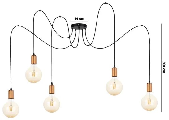 Lampadario a sospensione con filo MIROS 5xE27/60W/230V ragno nero/rame