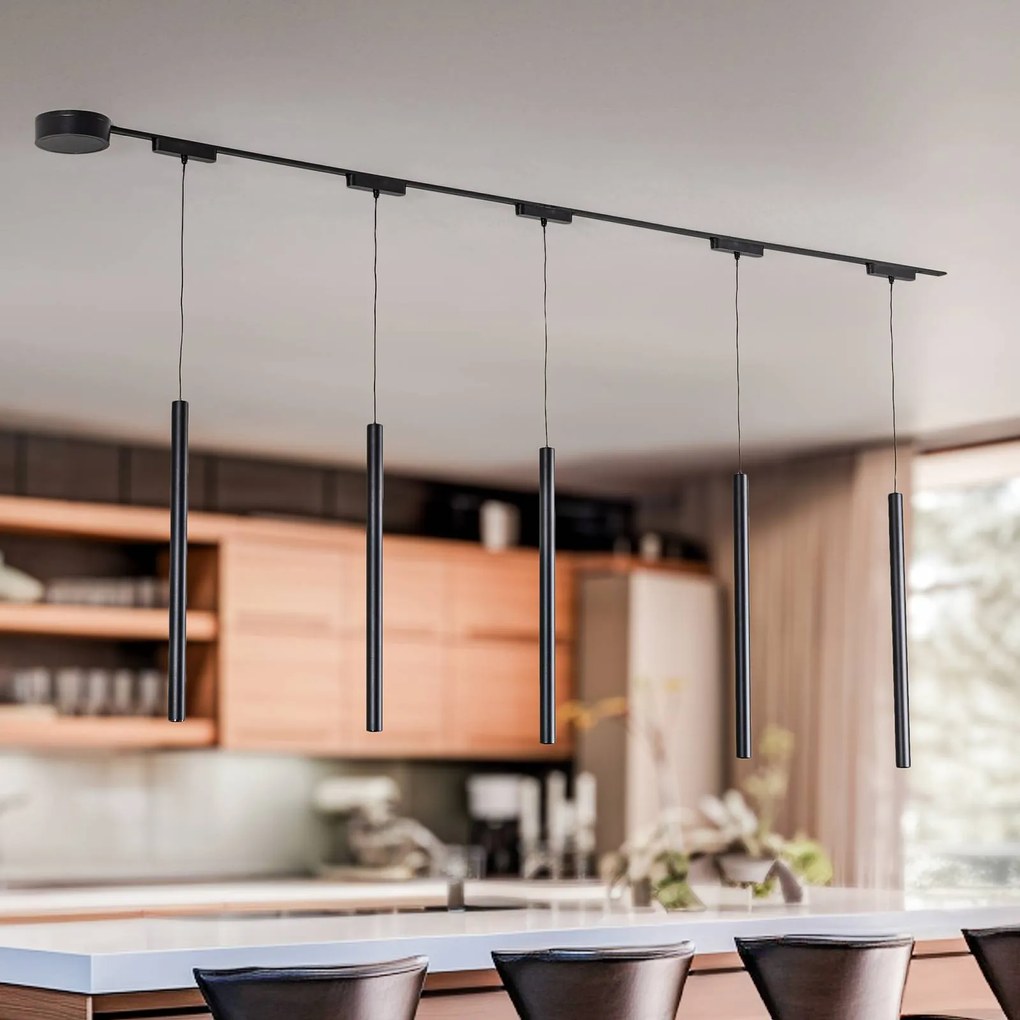 Lindby Sistema a binario 48V Lumaro, pendente, a 5 luci, nero, dimmerabile