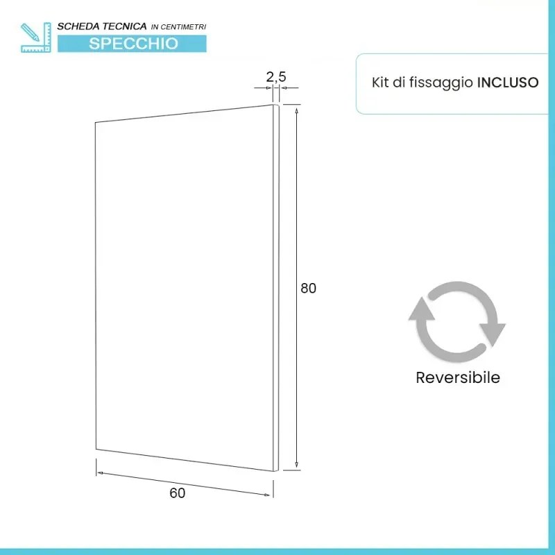 Specchio bagno 60x80 cm installazione reversibile e fissaggi inclusi