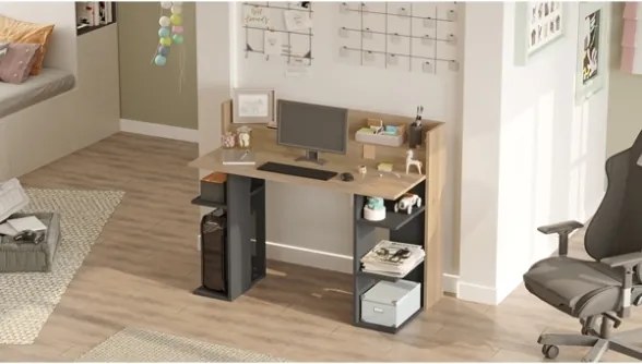 Scrivania Moderna Porta PC 120x58x98 Con Ripiani Laterali Pixel Rovere E Antracite