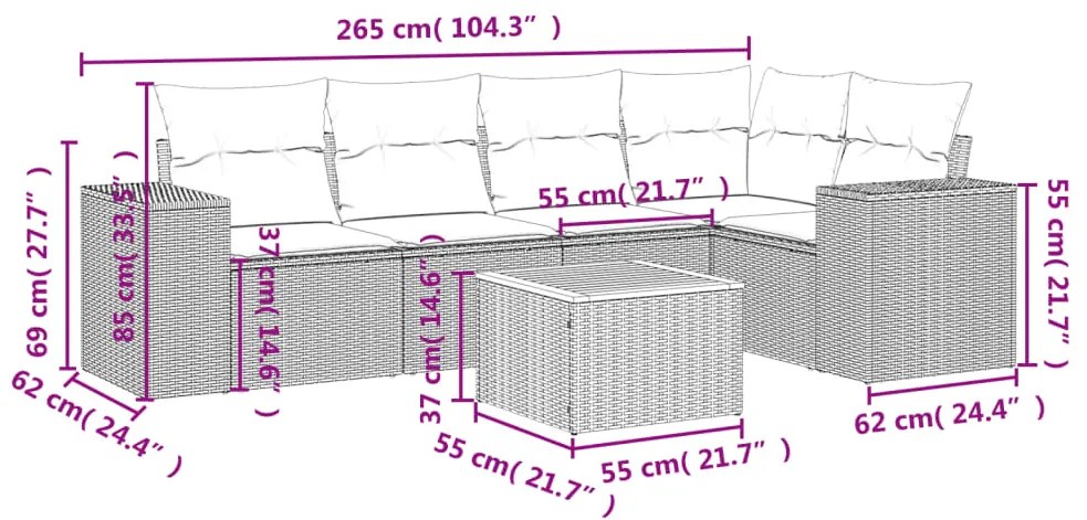 Set Divano da Giardino 6 pz con Cuscini Grigio in Polyrattan