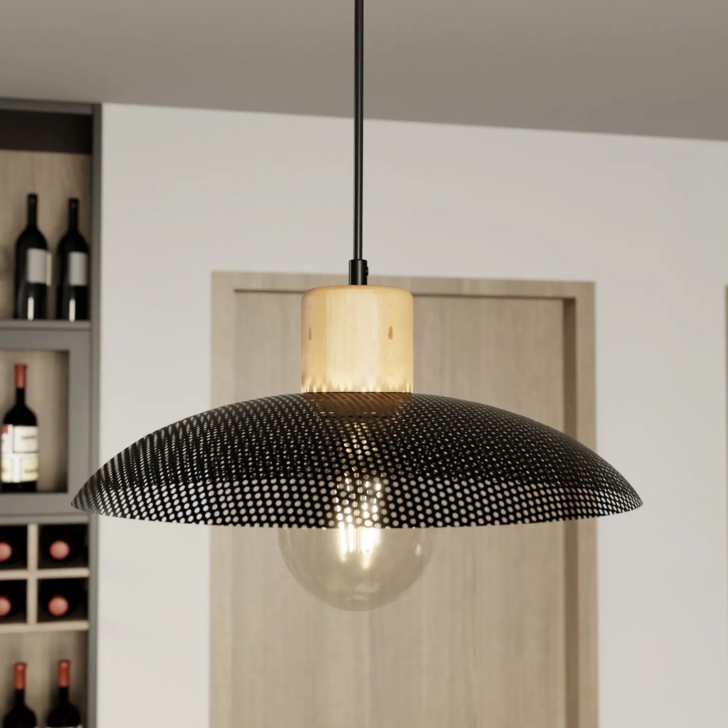 Sospensione Nordica Ishtar 1 Luce In Legno E Acciaio Nero