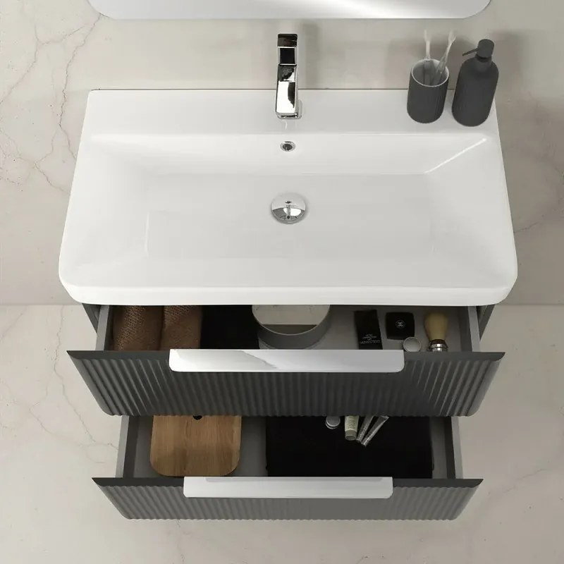 Mobile bagno sospeso 80cm antracite cannettato con cassetti, specchio e lavabo Mia