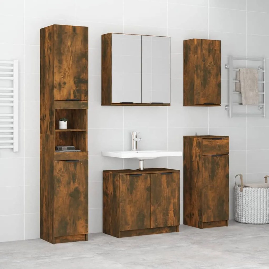 Set mobili da bagno 5 pz rovere fumo in legno multistrato