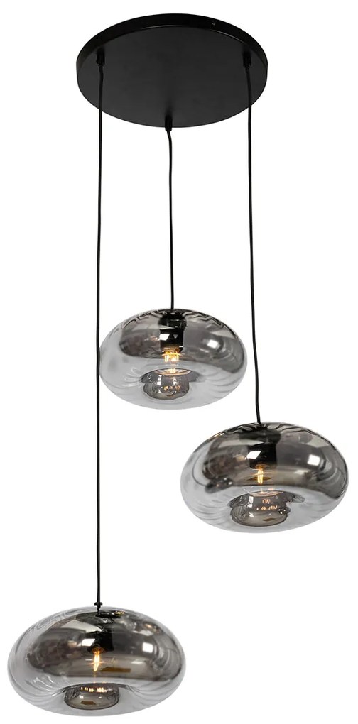 Lampadario Art Déco nero con vetro fumé rotondo 3 luci - Ayesha