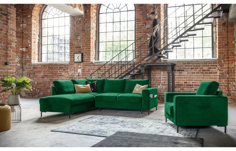 Divano letto angolare in velluto verde scuro (angolo sinistro) Lofty Lilly - Miuform