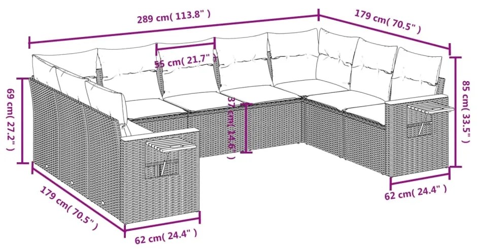 Set Divani da Giardino 9 pz con Cuscini Nero in Polyrattan