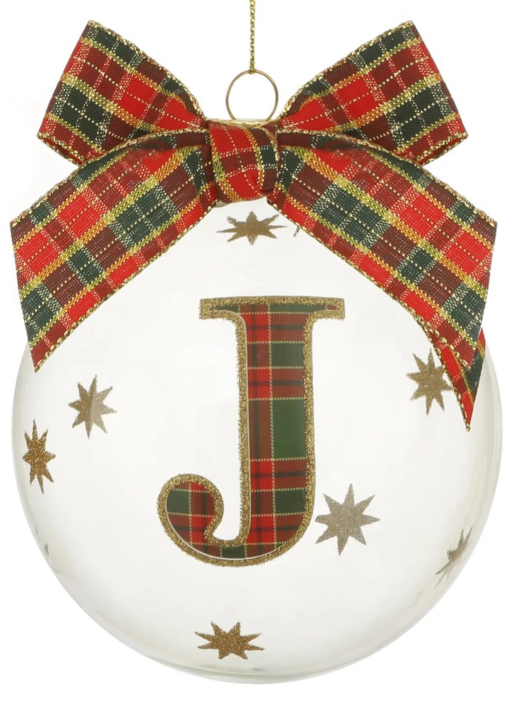 Pallina Natale con lettera J 10 cm tartan