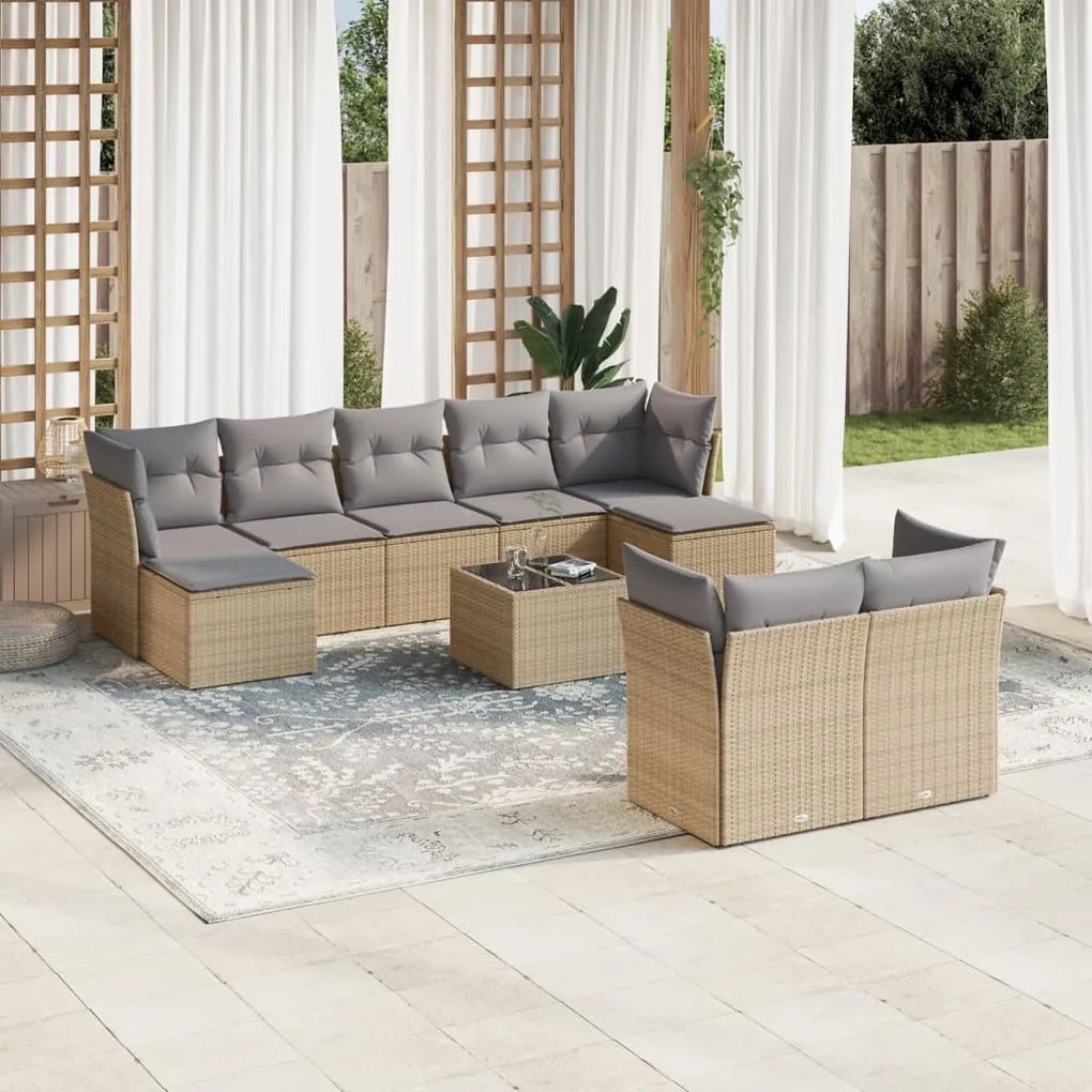 Set divano da giardino 10 pz con cuscini beige in polyrattan